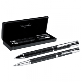 Set pix din metal cu un pix cu mina albastra si un roller pen cu gel negru  | F12403