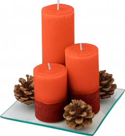 Set of three pilar candle on glass plate, Red | 5721-08